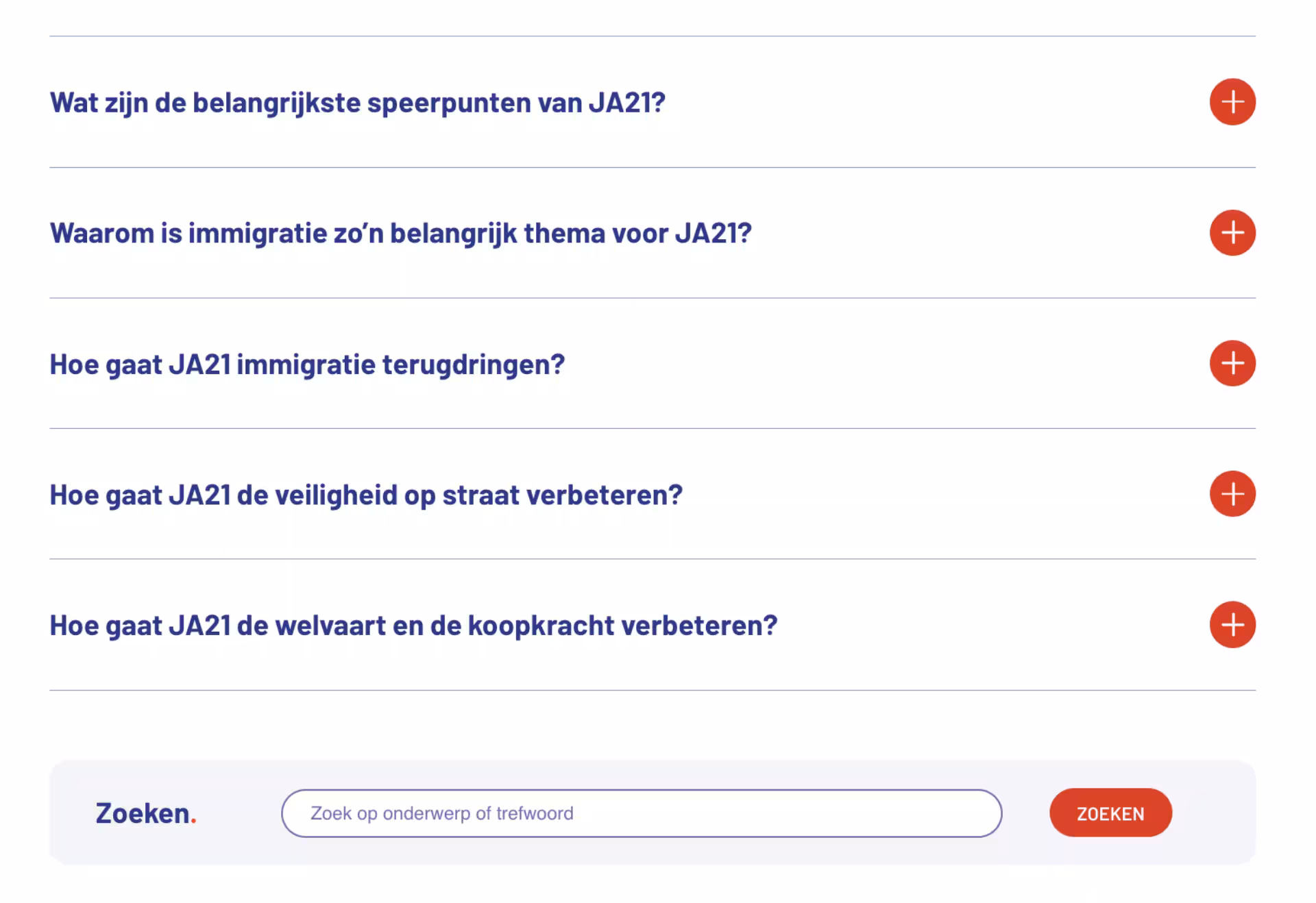 Een faq sectie op de JA21 website