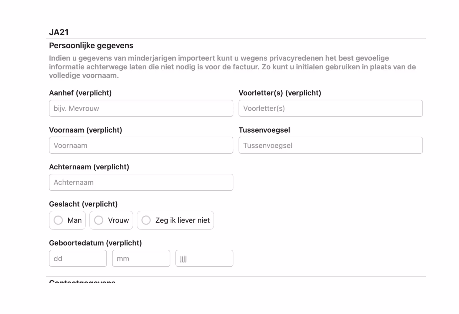 Een formulier op de JA21 website