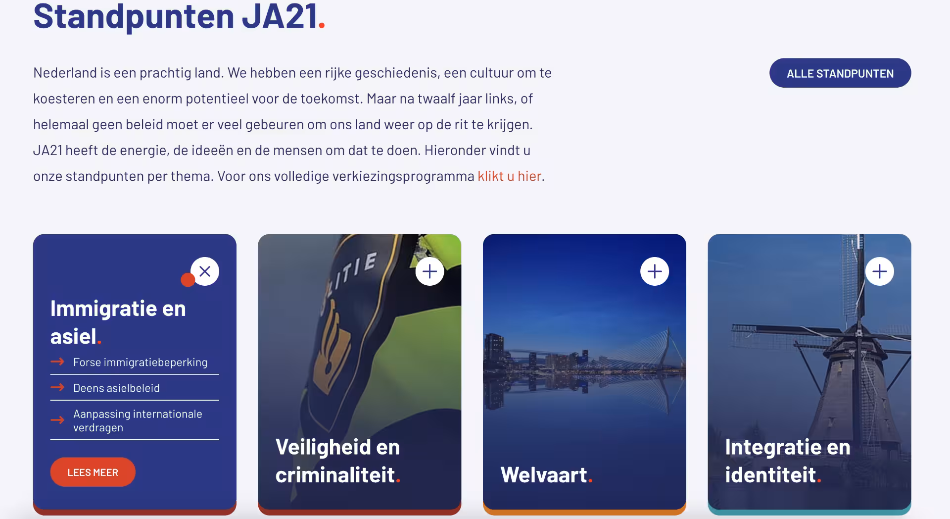 Een standpunten blok op de JA21 website