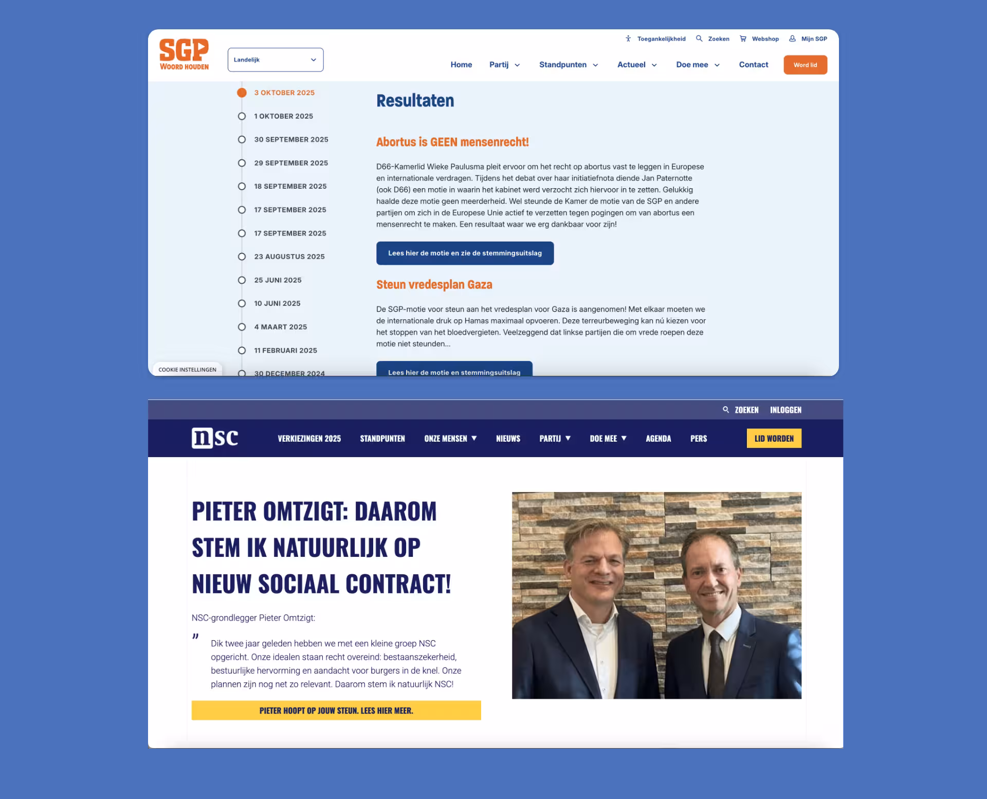 Voorbeelden van social proof op politieke websites van SGP en NSC