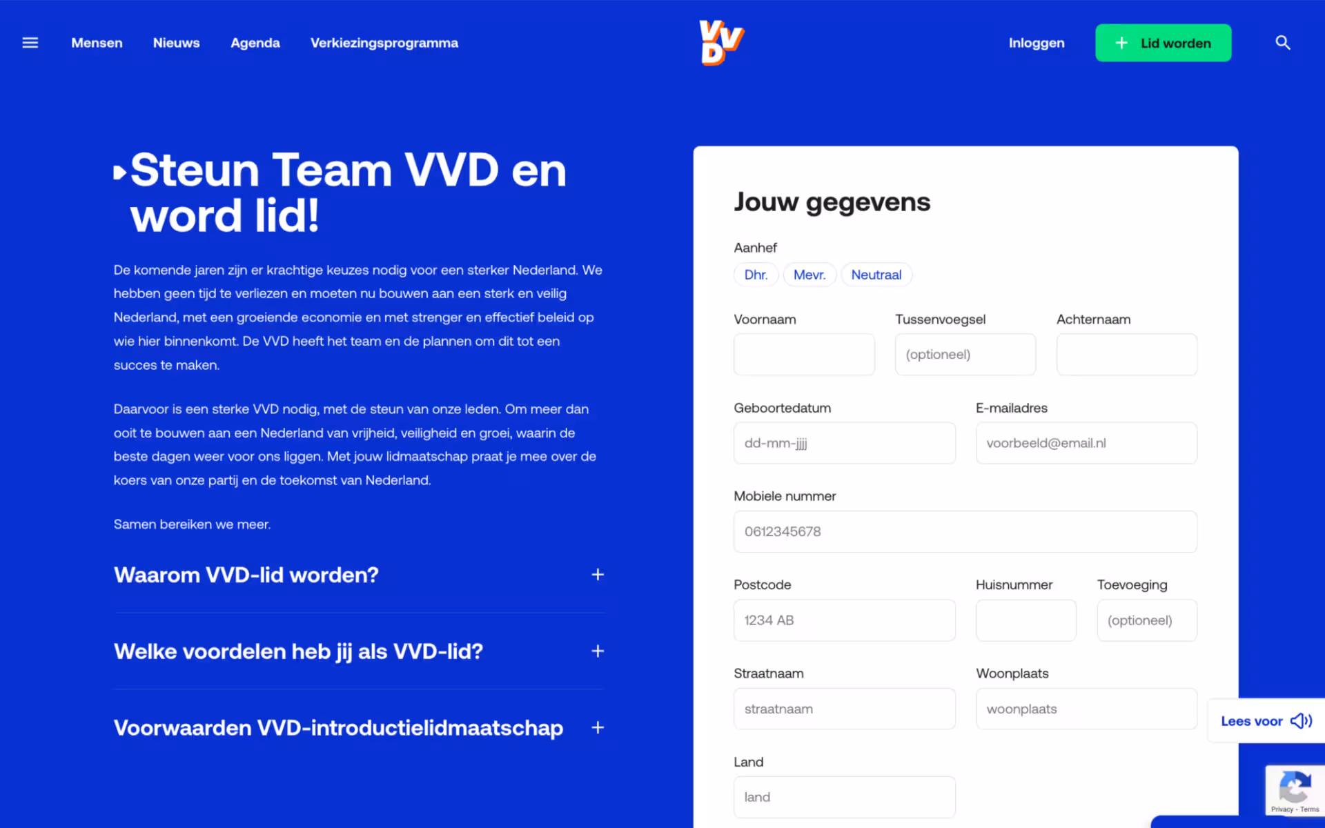 VVD lidmaatschapsformulier