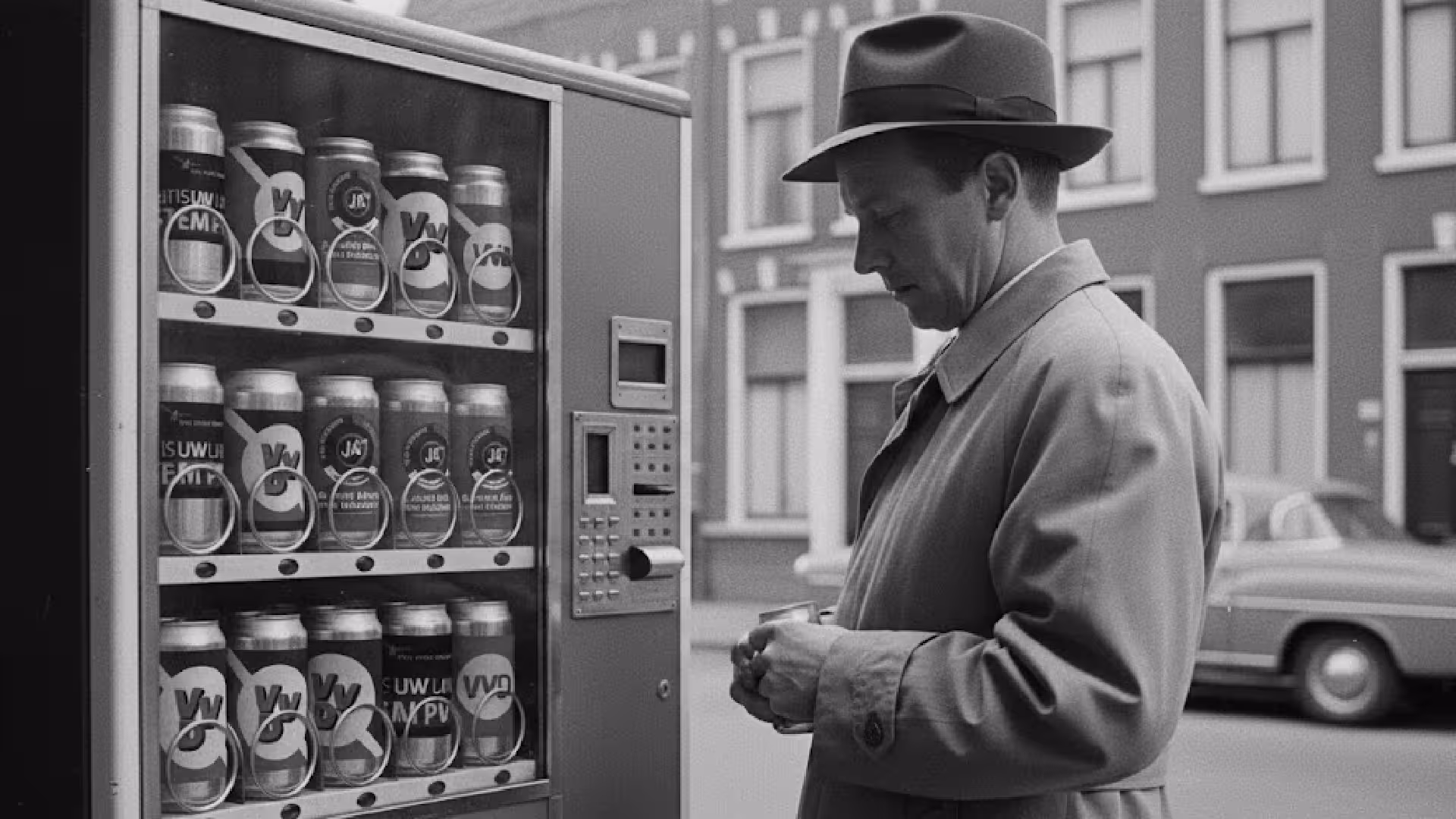 Een door AI gegenereerde afbeelding van een man die voor een blikjesautomaat staat met blikjes van JA21, VVD en PVV